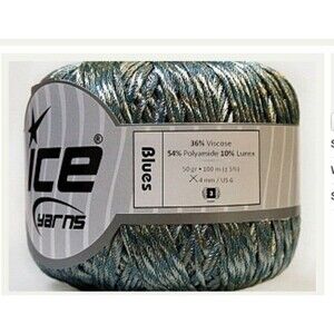 New Blue grey gold lurex ice yarns-1 skein @109 yds 54% Polyamide 36% Viscose